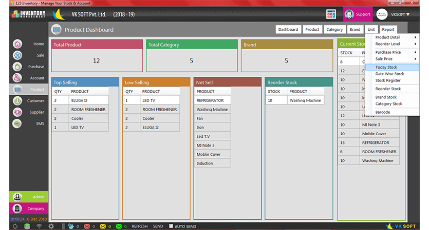 Product Dashboard of Inventory and Billing Software