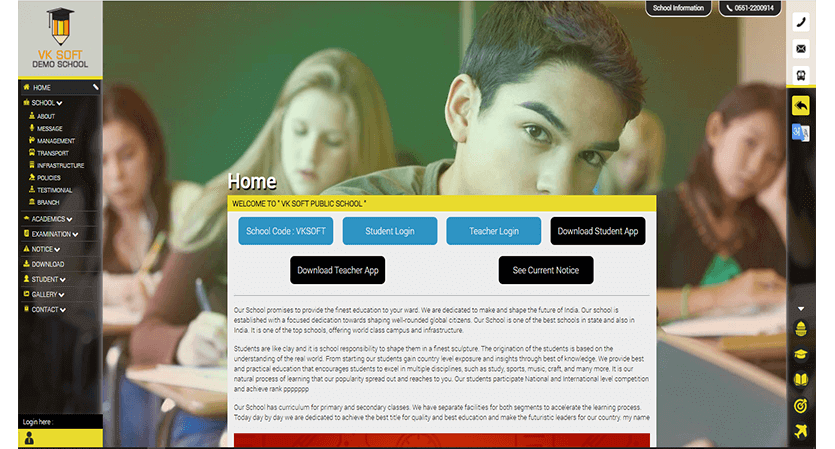 Dashboard of VIDYA School Management Software