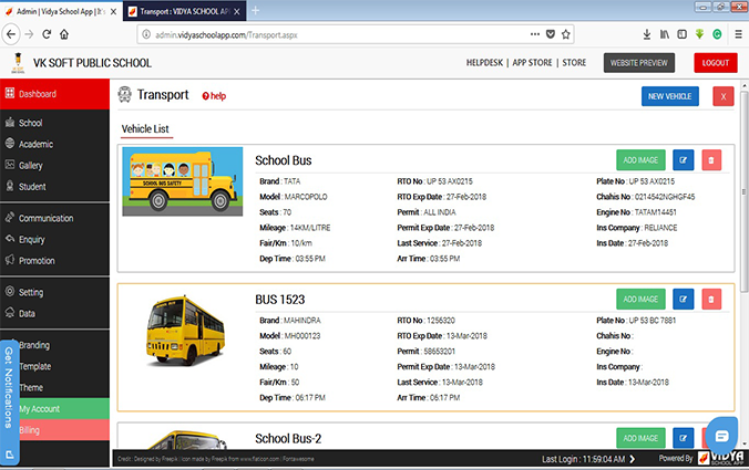 Sample Transport Admin Panel of VIDYA School Website