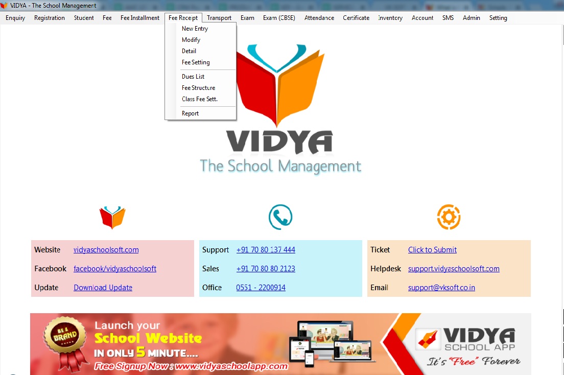 Sample Fee Receipt of VIDYA School Management Software