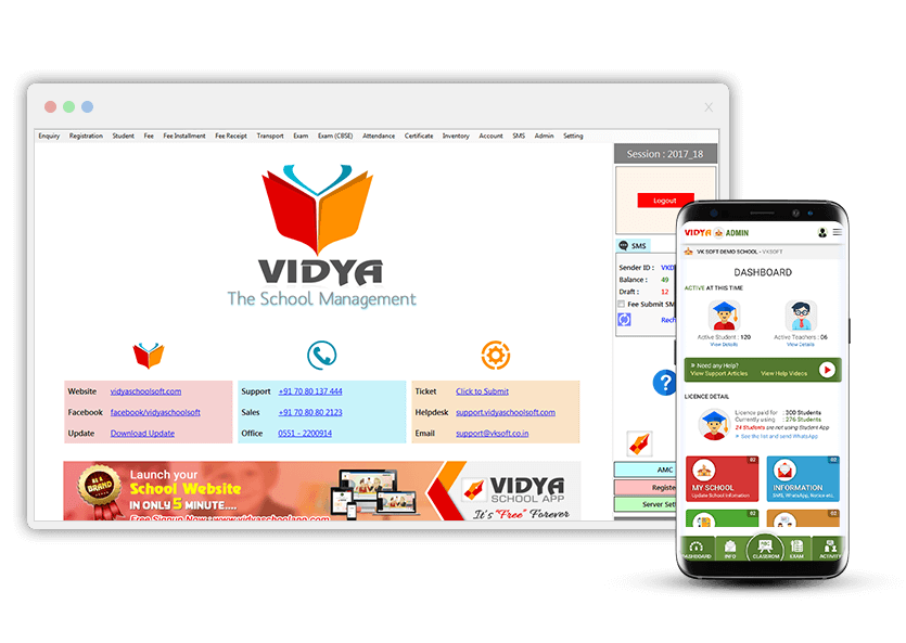 Dashboard of VIDYA School Management Software